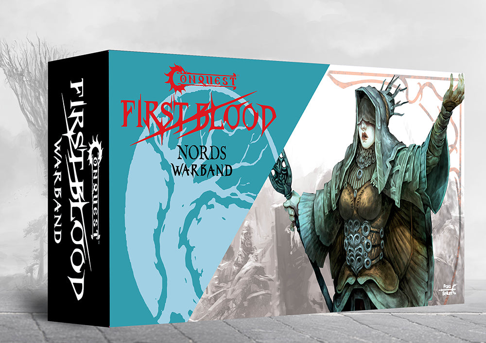 Box set packaging for the Conquest Nords Warband 2026 First Blood New Edition containing miniatures, dice, and 3D terrain. Christchurch, NZ.