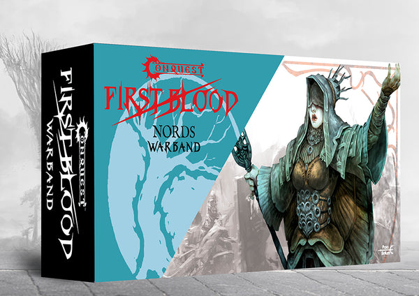 Box set packaging for the Conquest Nords Warband 2026 First Blood New Edition containing miniatures, dice, and 3D terrain. Christchurch, NZ.