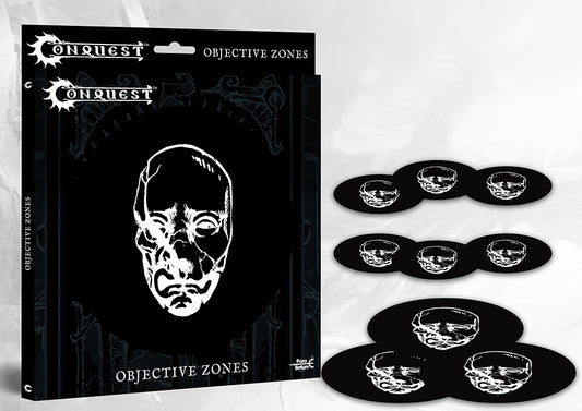: Set of 9 Conquest Objective Zones with the white Spires Faction skull logo on black markers, an ultra-thin gaming accessory set for Conquest: The Last Argument of Kings.