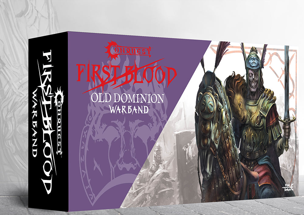 Box packaging for the Conquest Old Dominion Warband 2026 First Blood New Edition containing plastic miniatures dice and 3D terrain. Christchurch NZ.