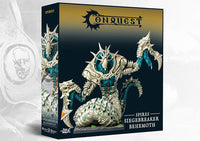 Box art for the Conquest: The Spires Siegebreaker Behemoth Monster Expansion Set, the largest anti-fortification unit for the Spires faction.