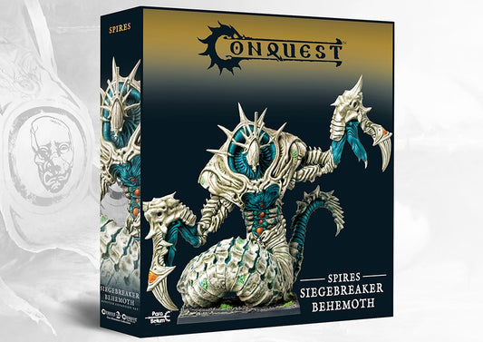 Box art for the Conquest: The Spires Siegebreaker Behemoth Monster Expansion Set, the largest anti-fortification unit for the Spires faction.