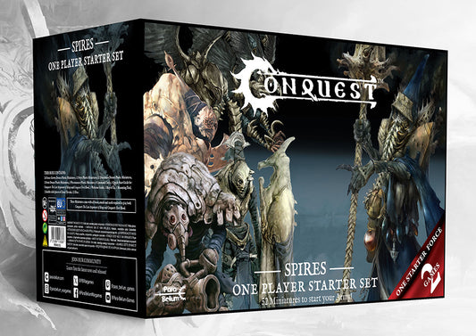 Box art for the Conquest: The Spires 2025 Supercharged One Player Starter Set, featuring 52 miniatures, rulebooks for First Blood and TLAOK, and a Pheromancer character.