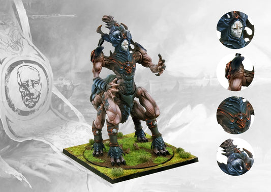 A studio-painted miniature of the Conquest Spires Abomination, a large centaur-like monster, with close-up inset images of its armor and head.