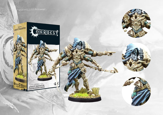 The product box for the Conquest Spires Assault Preceptor, shown next to the painted four-armed miniature and close-up detail shots.