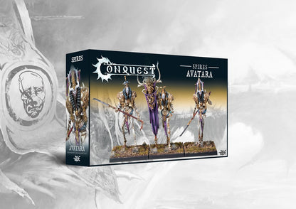 Box art for Conquest: The Spires Avatara miniatures set, showing three fully painted elite warrior figures.
