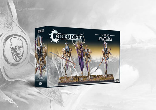 Box art for Conquest: The Spires Avatara miniatures set, showing three fully painted elite warrior figures.