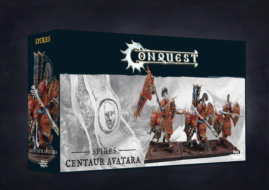 Box art for Conquest: The Spires Centaur Avatara Regiment Expansion Set, featuring three heavy shock cavalry miniatures.