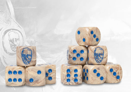 A pile of 24 Conquest: The Spires Bone Marbled Resin Dice (D6), featuring a pale bone/parchment swirl with blue pips and the Spires faction skull logo replacing the '1' side. This 24-pack is an official wargaming accessory.