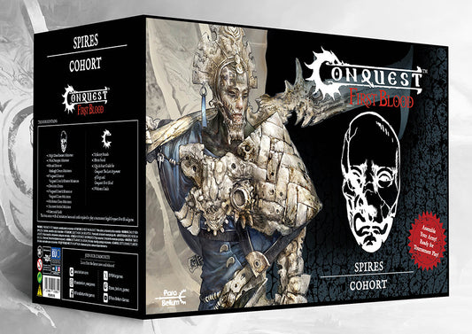 Box art for the Conquest: First Blood Cohort Starter Set for The Spires, a 1000-point army in a box ready for skirmish and mass battles.