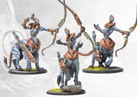 Three fully painted Leonine Avatara miniatures, the highly mobile ranged cavalry unit for Conquest: The Spires, armed with bio-engineered bows.