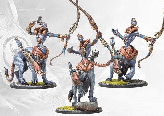 Three fully painted Leonine Avatara miniatures, the highly mobile ranged cavalry unit for Conquest: The Spires, armed with bio-engineered bows.