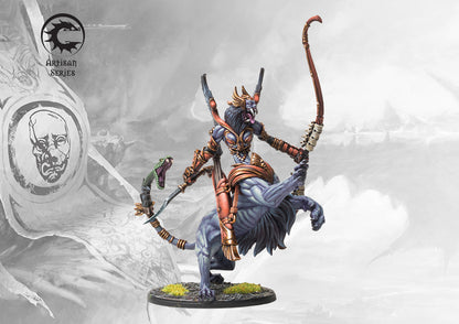 Close-up view of the Spires Lineage Prideborne character model, highlighting the unique leonine lower body, expressive face, and snake-like whip.