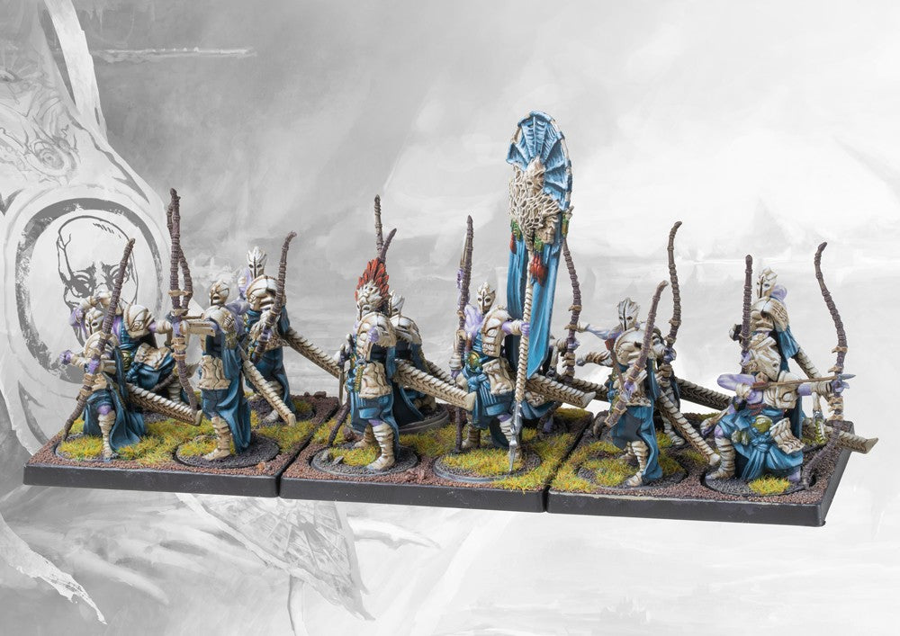 Fully painted regiment of Conquest: The Spires Marksman Clones, medium infantry archers with three arms, including the command banner.