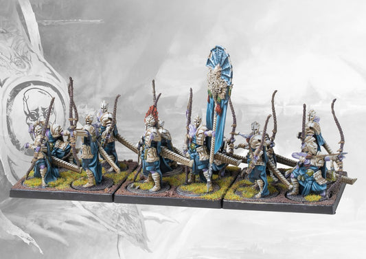 Fully painted regiment of Conquest: The Spires Marksman Clones, medium infantry archers with three arms, including the command banner.