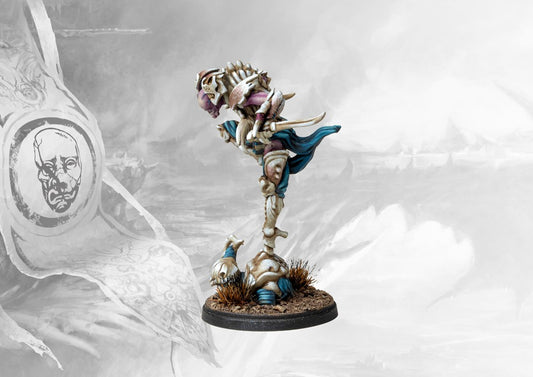 Fully painted Resin Mimetic Assassin character miniature for Conquest: The Spires, featuring a dynamic, multi-limbed pose and sharp bone armor.
