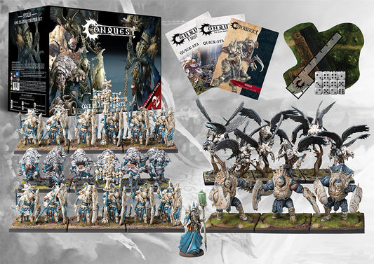 The complete contents of the Conquest Spires 2025 Supercharged Starter Set laid out, including painted miniatures (Force Grown Drones, Stryx, Desolation Drones, Brute Drones), Quick Start guides, tokens, and dice.