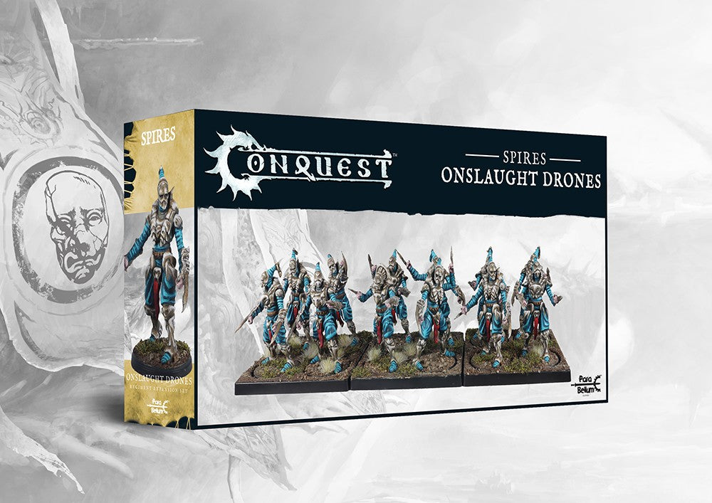 Box art for the Conquest: The Spires Onslaught Drones Dual Kit, featuring medium infantry models for assault. This kit can also build Bound Clones.