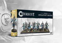 Box art for the Conquest: The Spires Onslaught Drones Dual Kit, featuring medium infantry models for assault. This kit can also build Bound Clones.