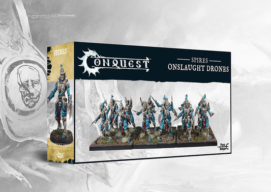 Box art for the Conquest: The Spires Onslaught Drones Dual Kit, featuring medium infantry models for assault. This kit can also build Bound Clones.