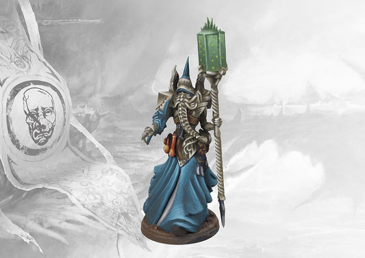 Fully painted Pheromancer character miniature for Conquest: The Spires, featuring a blue robe, bone armor, and the distinctive staff used to control drones.
