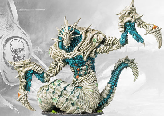 Fully painted Siegebreaker Behemoth plastic monster miniature for Conquest: The Spires, featuring bone armor, serpentine body, and massive claws.