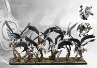 A fully painted regiment of Conquest Spires Stryx miniatures, showing the winged light infantry models on flight stands and including close-up details of the masked faces.