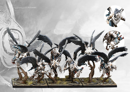 A fully painted regiment of Conquest Spires Stryx miniatures, showing the winged light infantry models on flight stands and including close-up details of the masked faces.
