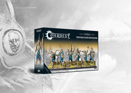 Box art for the Conquest: The Spires Vanguard Clone Infiltrators Dual Kit, featuring the light infantry ranged/skirmish unit. This kit can also build Vanguard Clones.