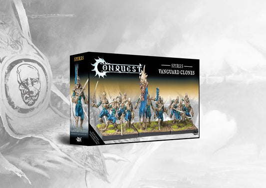 Box art for the Conquest: The Spires Vanguard Clones Dual Kit, featuring medium melee infantry models. This set can also build Vanguard Clone Infiltrators.