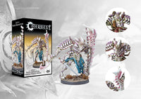 Box art for the Conquest: The Spires Ward Preceptor Command Upgrade/Officer, an elite warrior miniature with heavy bone shield and armor.