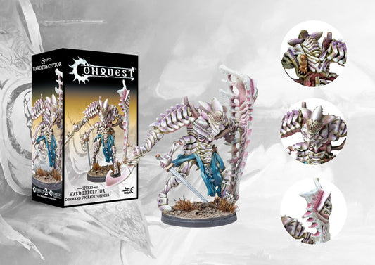 Box art for the Conquest: The Spires Ward Preceptor Command Upgrade/Officer, an elite warrior miniature with heavy bone shield and armor.
