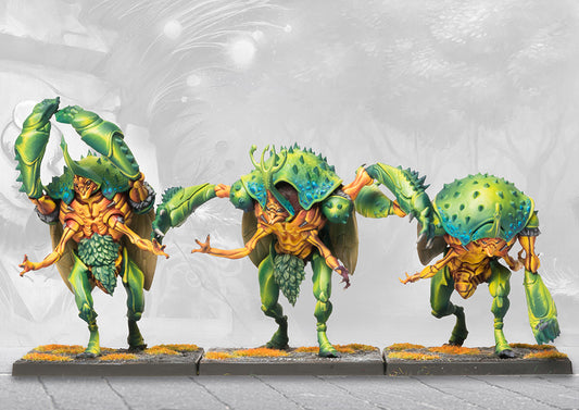Three painted Gallowglass Warriors insectoid miniatures for the Spires faction in Conquest, featuring green and yellow carapaces and dynamic predatory poses.