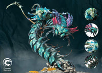 Full view of the Conquest Founder's Exclusive Winter's Bite miniature for the Spires faction, featuring a massive armored centipede creature and rider with detail insets.