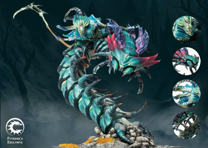 Full view of the Conquest Founder's Exclusive Winter's Bite miniature for the Spires faction, featuring a massive armored centipede creature and rider with detail insets.