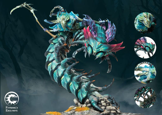 Full view of the Conquest Founder's Exclusive Winter's Bite miniature for the Spires faction, featuring a massive armored centipede creature and rider with detail insets.