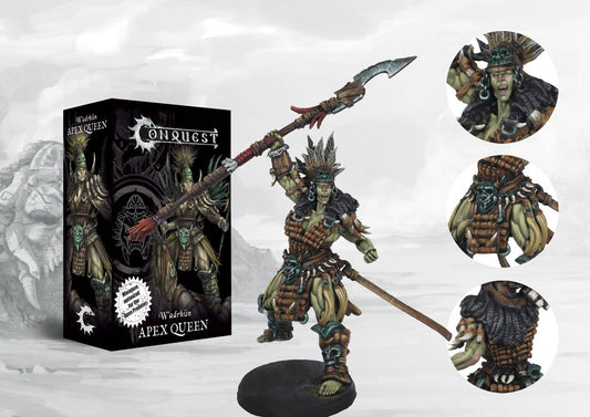 Fully painted Apex Queen resin character miniature for Conquest: The W'adrhŭn, a powerful female warrior and leader armed with a large spear.