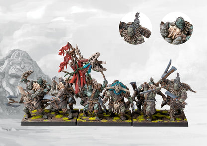 A fully painted W'adrhŭn Blooded regiment (medium infantry), showcasing the command model with the distinctive tribal banner and heavy melee weapons.