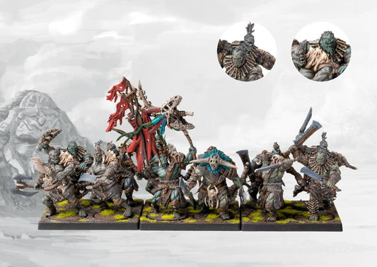 A fully painted W'adrhŭn Blooded regiment (medium infantry), showcasing the command model with the distinctive tribal banner and heavy melee weapons.