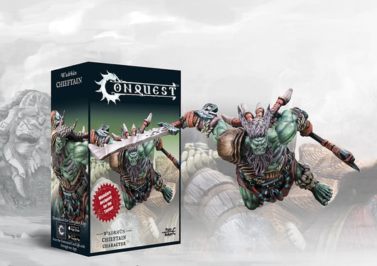 Box art and painted model display for the Conquest W'adrhŭn Chieftain Character (Plastic), featuring the green-skinned, horned warrior ready for battle.