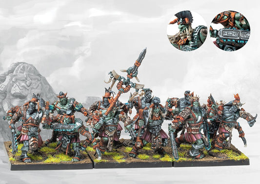 A fully painted W'adrhŭn Chosen of Conquest regiment, showcasing the heavily armored, elite infantry with imposing weapons and tribal command standard.