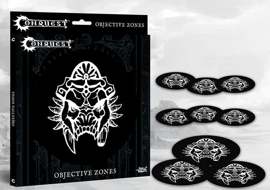 Set of 9 ultra-thin objective zone markers for Conquest: The Last Argument of Kings, featuring the W'adrhŭn Faction Logo (skull) in white on black polypropylene. This accessory set includes three 9" Zones and six 6" Zones for tabletop gameplay.