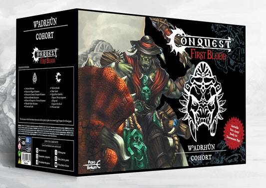 Box art for the Conquest: First Blood W'adrhŭn Cohort Starter Set, designed as a 1000-point skirmish army ready for tournament play.
