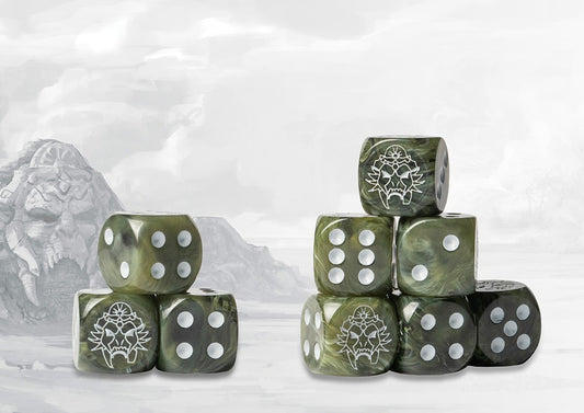 Pack of 24 Conquest 16mm resin dice for the W'adrhŭn faction, featuring a green marbled or jade effect with white pips. The W'adrhŭn symbol replaces the '1' side, perfect for use in Conquest: The Last Argument of Kings and First Blood.
