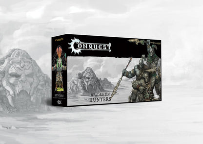 Box art for the Conquest: W'adrhŭn Hunters Dual Kit, featuring the versatile light missile infantry. This set also builds the Slingers unit.