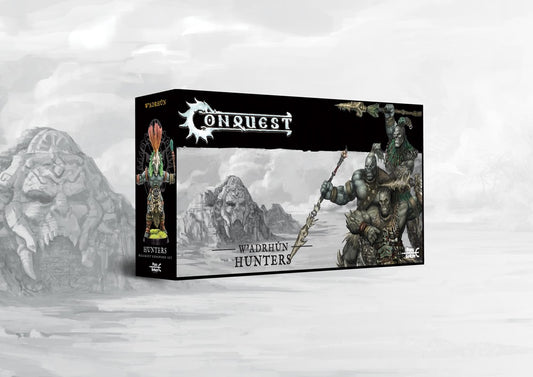 Box art for the Conquest: W'adrhŭn Hunters Dual Kit, featuring the versatile light missile infantry. This set also builds the Slingers unit.