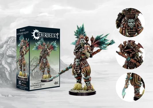 Box art and painted Conquest W'adrhŭn Matriarch Queen Character model, showcasing the tribal leader who has eschewed traditional roles to become a powerful battlefield commander.