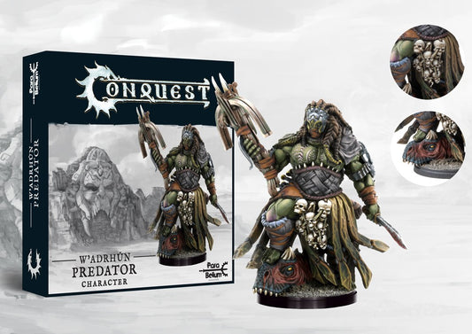 Box art and painted Conquest W'adrhŭn Predator Character model, showcasing the tribal leader with skulls and bone trophies, ready to join Hunting Packs or Raptor Riders.