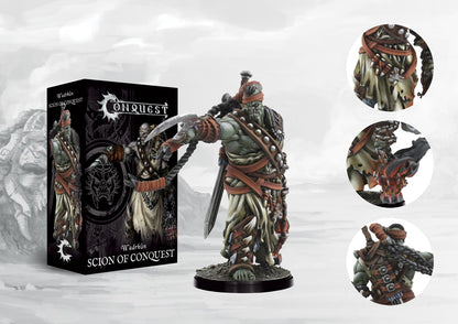 Box art and painted model of the Conquest W'adrhŭn Scion of Conquest, the War-Priest leader miniature dedicated to the Cult of Conquest.