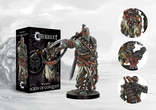 Box art and painted model of the Conquest W'adrhŭn Scion of Conquest, the War-Priest leader miniature dedicated to the Cult of Conquest.